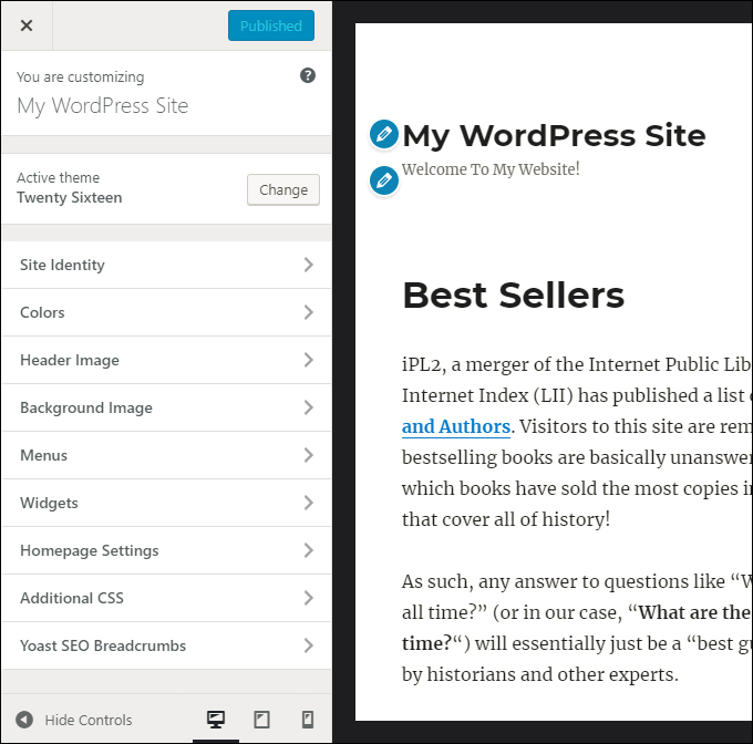 WordPress Theme Customizer: Theme options menu and live preview screen