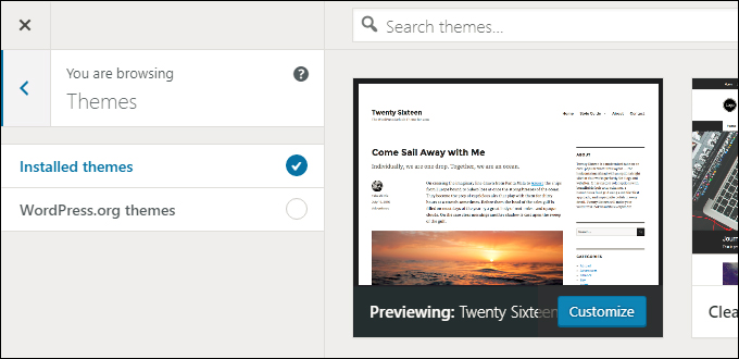 Select a new theme from your installed WordPress themes