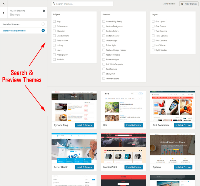 Search & Preview WordPress Themes From The Customizer