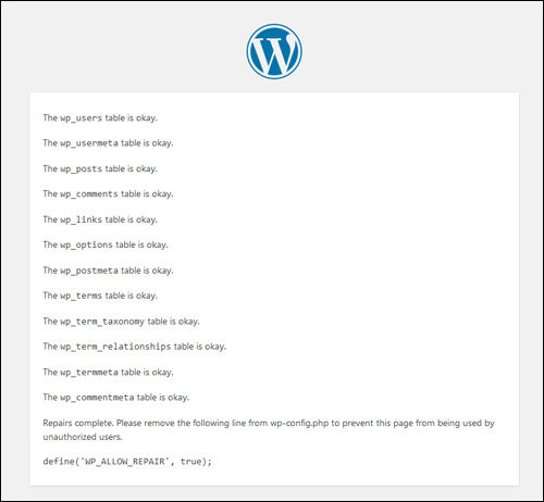 WordPress Database Repair process