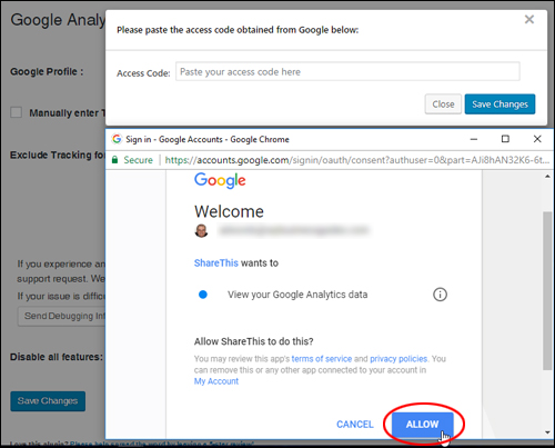 Allow the plugin to access your Google Analytics data
