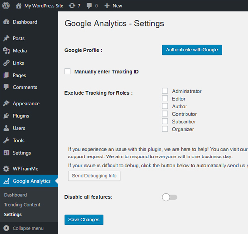 Google Analytics - Settings screen